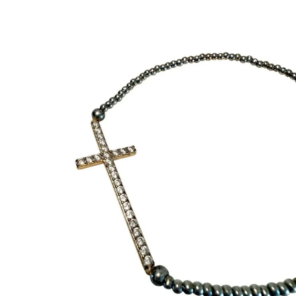 Minimalist Rhinestone Cross Beaded Bracelet Silver-tone Stretch Bracelet